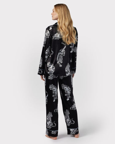 Maternity Satin Lotus Tiger Print Long Pyjama Set - Black